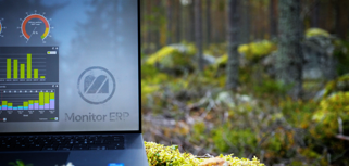 Illustration of Monitor ERP dashboards on a screen placed in nature, symbolizing sustainability.