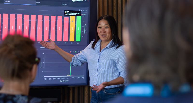 A woman at Monitor ERP giving a presentation to a group of people about Monitor BI (business intelligence)