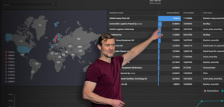 Magnus Ekstrand på Monitor ERP håller en presentation för en grupp människor om Monitor BI (business intelligence).
