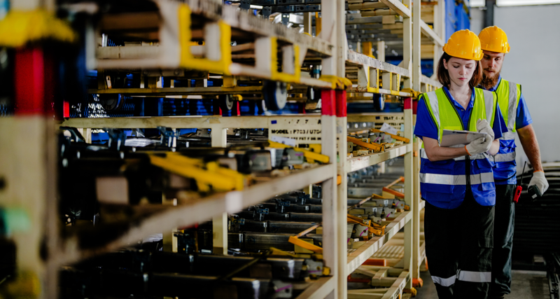 workers checking and inspecting metal machine part items for shipping. male and woman checking the store factory. industry factory warehouse. The warehouse of spare part for machinery and vehicles.