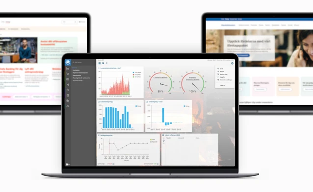 Three laptops with different screens on them. The laptop in the front is displaying Monitor ERP and the other two displays different banks.