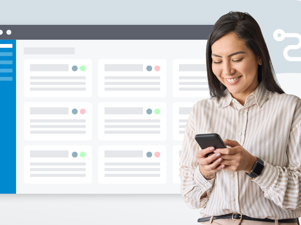 A woman looking at her phone in front of an illustration of a CRM dashboard.