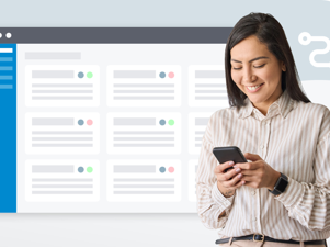 A woman looking at her phone in front of an illustration of a CRM dashboard.
