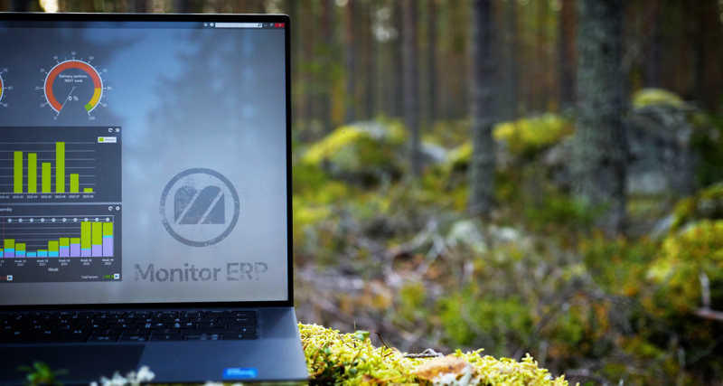 Illustration of Monitor ERP dashboards on a screen placed in nature, symbolizing sustainability.