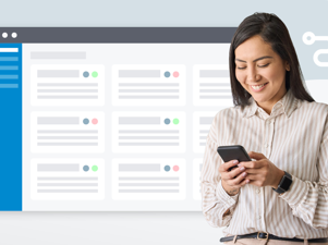 A woman looking at her phone in front of an illustration of a CRM dashboard.
