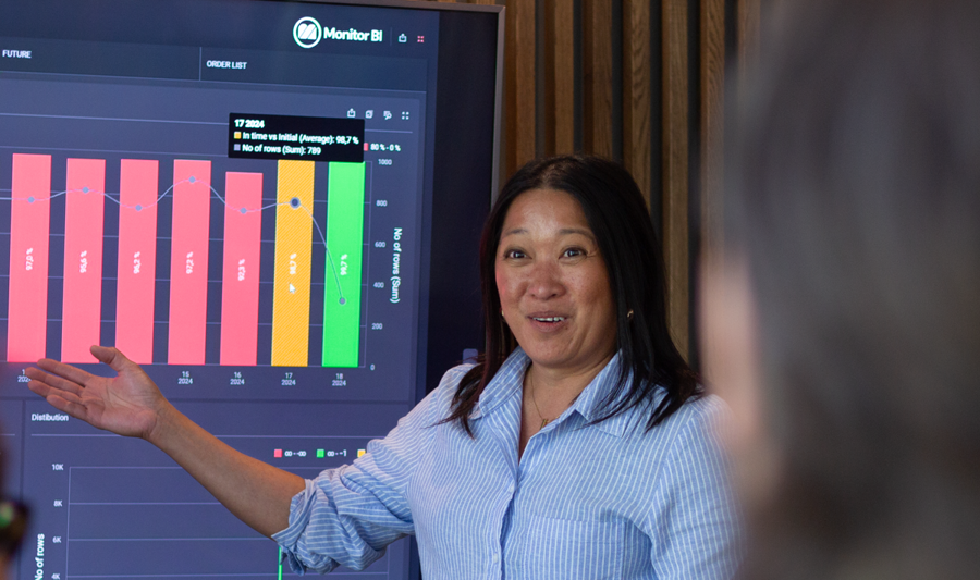 A woman at Monitor ERP giving a presentation to a group of people about Monitor BI (business intelligence)