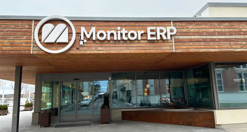 A sign of Monitor ERP on the side of the Monitor ERP headcourter in Sweden, Hudiksvall