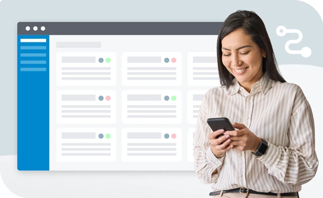 Kvinna tittar på sin mobil framför en illustration av en dashboard i ett CRM-system.