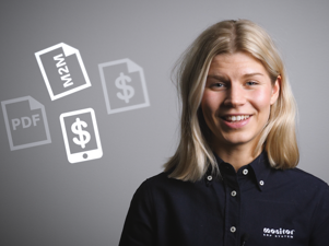 A woman standing in front of a drawing of different file types (pdf, M2M, money signs)