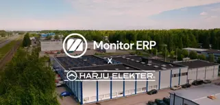 Harju Elekter 厂区航拍图，画面展示 Monitor ERP 与 Harju Elekter 标识。