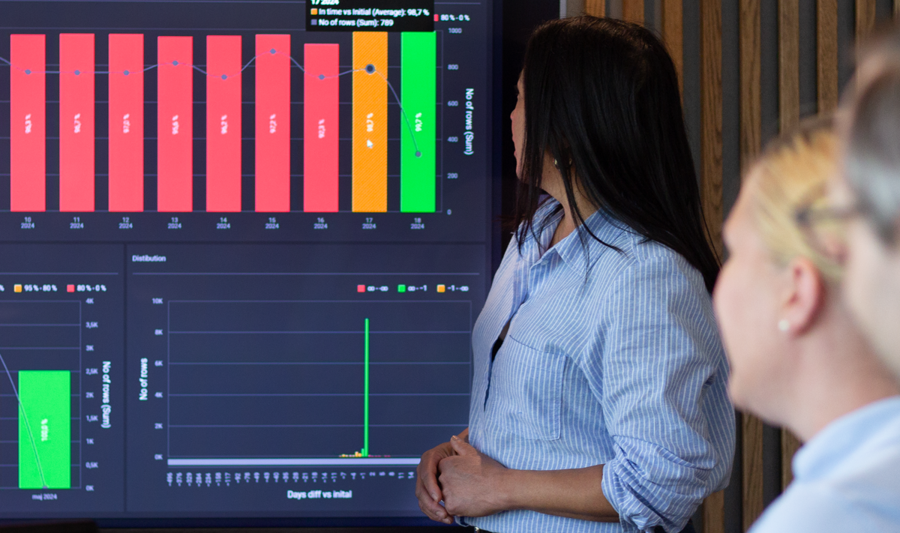 A woman at Monitor ERP giving a presentation to a group of people about Monitor BI (business intelligence)