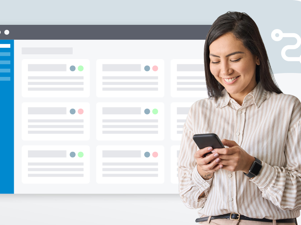 A woman looking at her phone in front of an illustration of a CRM dashboard.