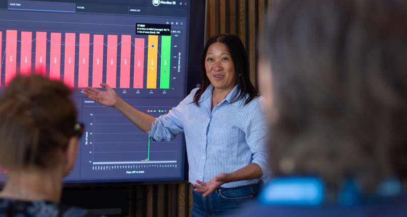 A woman at Monitor ERP giving a presentation to a group of people about Monitor BI (business intelligence)