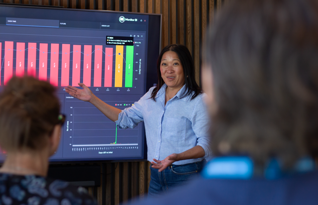 A woman at Monitor ERP giving a presentation to a group of people about Monitor ERP.