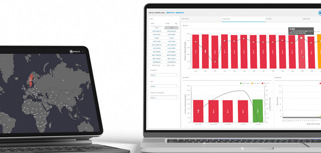 A laptop computer sitting next to a desktop computer, both showing Monitor BI (business intelligence) dashboards. 