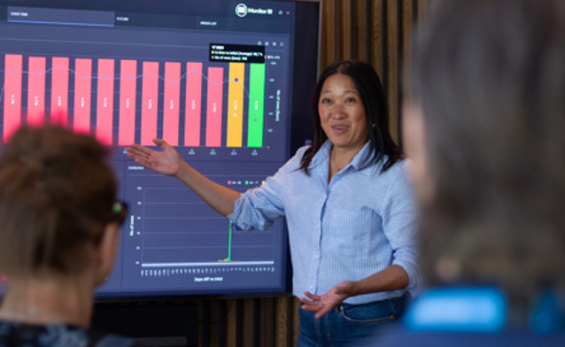 A woman at Monitor ERP giving a presentation to a group of people about Monitor BI (business intelligence)
