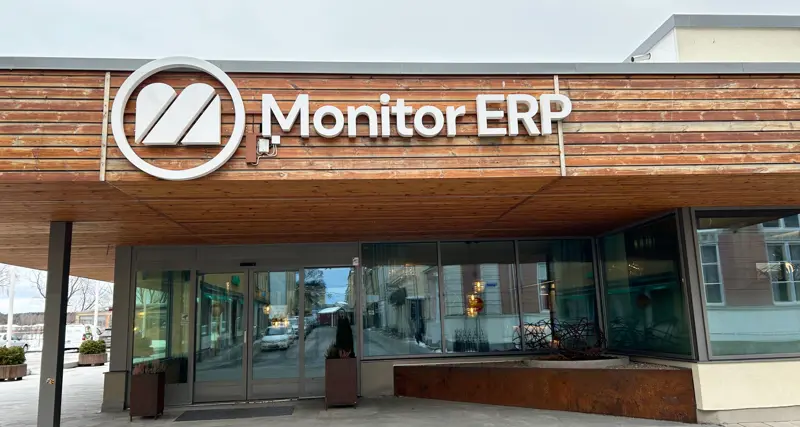 A sign of Monitor ERP on the side of the Monitor ERP headcourter in Sweden, Hudiksvall