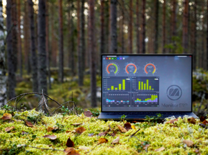 Illustration av Monitor ERP-instrumentpaneler på en skärm placerad i naturen, som symboliserar hållbarhet.