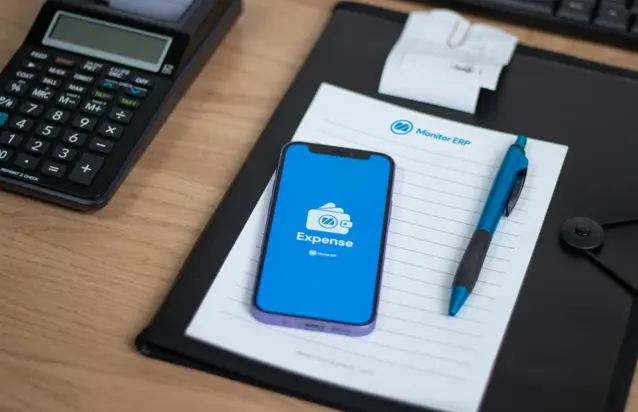 Smartfon z włączoną funkcją Monitor Expense na tle zeszytu firmowego i kalkulatora.