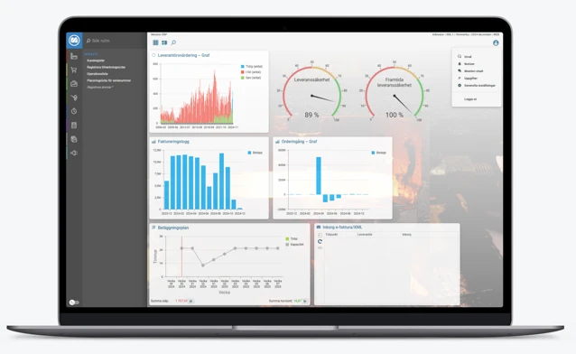 A laptop with Monitor ERP on the screen showing a dashboard.