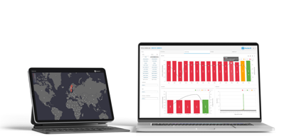 Laptop oraz tablet wyświetlające dwa różne widoki systemu Monitor ERP i funkcji Monitor BI.