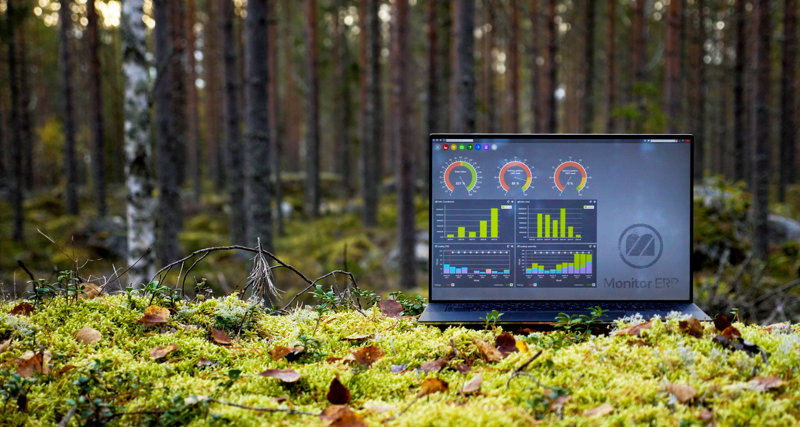 Illustration of Monitor ERP dashboards on a screen placed in nature, symbolizing sustainability.