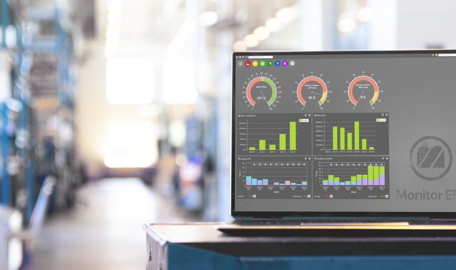 Monitor ERP dashboard displayed on a laptop in a factory environment