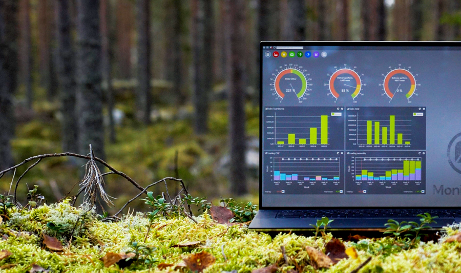 Illustration of Monitor ERP dashboards on a screen placed in nature, symbolizing sustainability.
