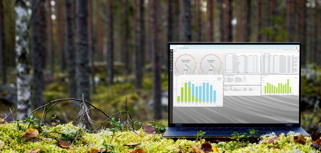 A laptop computer displaying Monitor ERP sitting on top of a moss covered ground surrounded by trees.