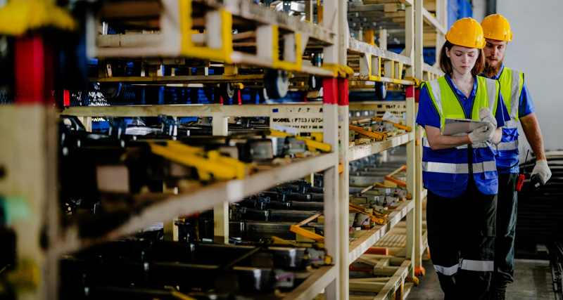 workers checking and inspecting metal machine part items for shipping. male and woman checking the store factory. industry factory warehouse. The warehouse of spare part for machinery and vehicles.