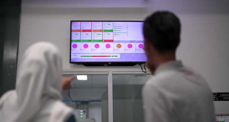 Dashboard Machine integration Monitor ERP menampilkan status produksi mesin PT Inti Presisi secara real-time