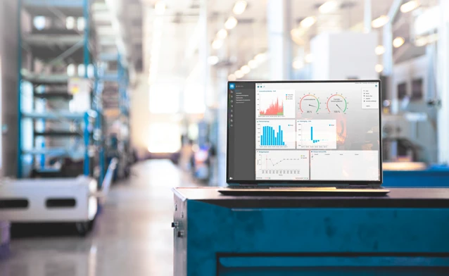 Computer displaying a dashboard in Monitor ERP, an ERP system for manufacturing companies.