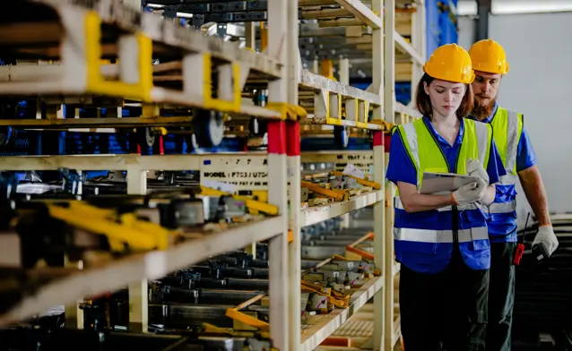 workers checking and inspecting metal machine part items for shipping. male and woman checking the store factory. industry factory warehouse. The warehouse of spare part for machinery and vehicles.