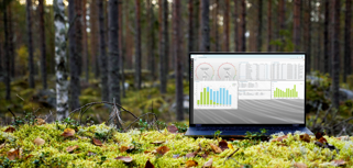 A laptop computer displaying Monitor ERP sitting on top of a moss covered ground surrounded by trees.