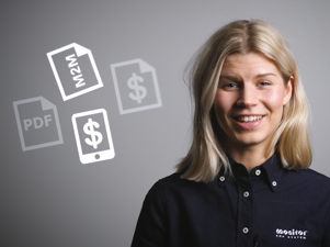 A woman standing in front of a drawing of different file types (pdf, M2M, money signs)