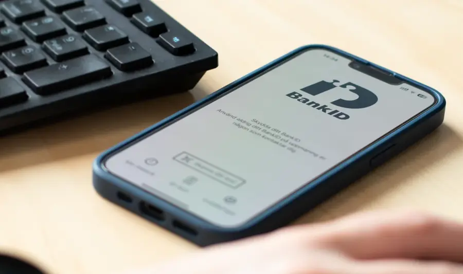 En person håller en mobiltelefon med BankID öppet på skärmen. Intill telefonen syns ett tangentbord.