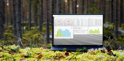 A laptop computer with Monitor ERP dashboard (Sustainability functions) sitting on top of a moss covered field.
