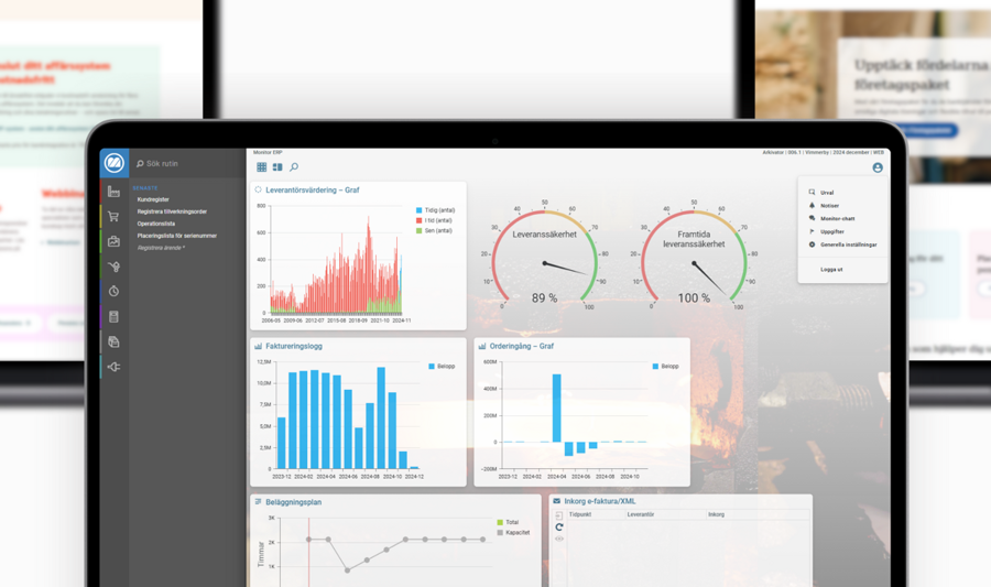 Three laptops with different screens on them. The laptop in the front is displaying Monitor ERP and the other two displays different banks.