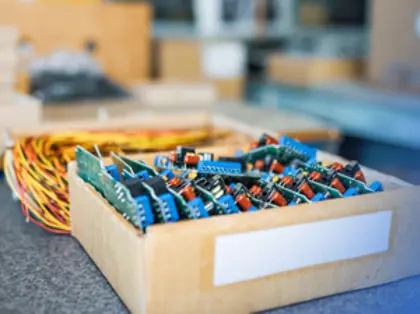 Kartonowe pudełko zawierające świeżo wyprodukowane wiązki kablowe i podzespoły elektroniczne.