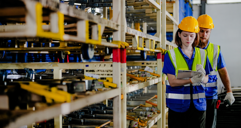workers checking and inspecting metal machine part items for shipping. male and woman checking the store factory. industry factory warehouse. The warehouse of spare part for machinery and vehicles.