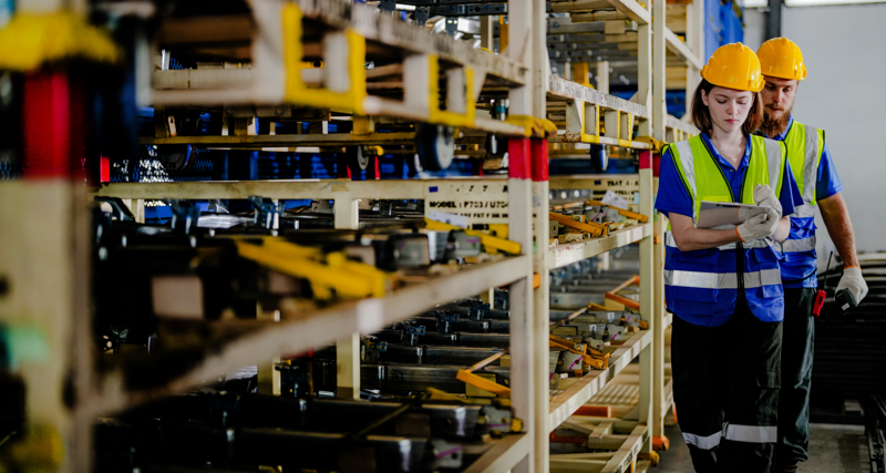 workers checking and inspecting metal machine part items for shipping. male and woman checking the store factory. industry factory warehouse. The warehouse of spare part for machinery and vehicles.