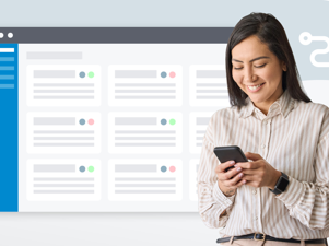 A woman looking at her phone in front of an illustration of a CRM dashboard.