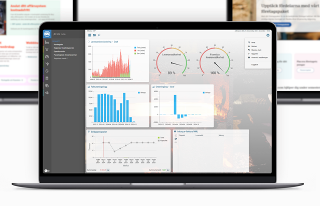 Three laptops with different screens on them. The laptop in the front is displaying Monitor ERP and the other two displays different banks.