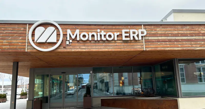 A sign of Monitor ERP on the side of the Monitor ERP headcourter in Sweden, Hudiksvall