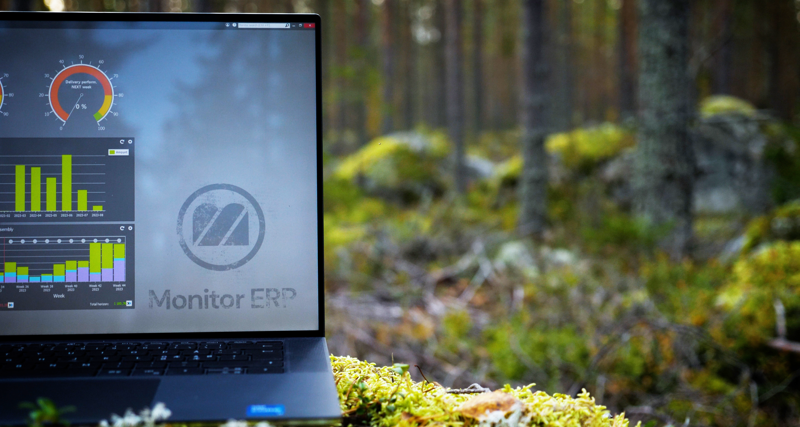 Illustration of Monitor ERP dashboards on a screen placed in nature, symbolizing sustainability.
