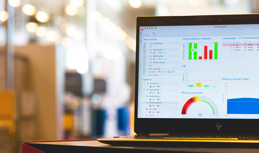 Monitor ERP dashboard displayed on a laptop in a factory environment.