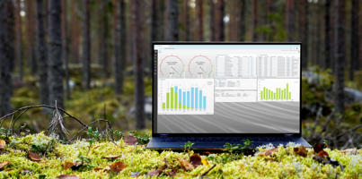 A laptop computer with Monitor ERP dashboard (sustainability functions) sitting on top of a moss covered field.