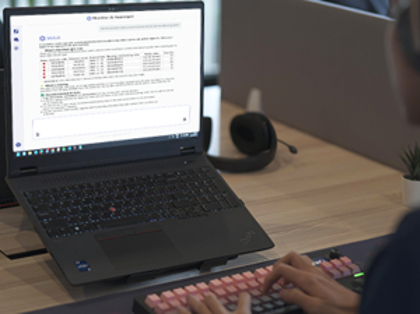 MAiA AI Assistant in Monitor ERP displaying manufacturing order analysis and recommendations on a laptop screen.