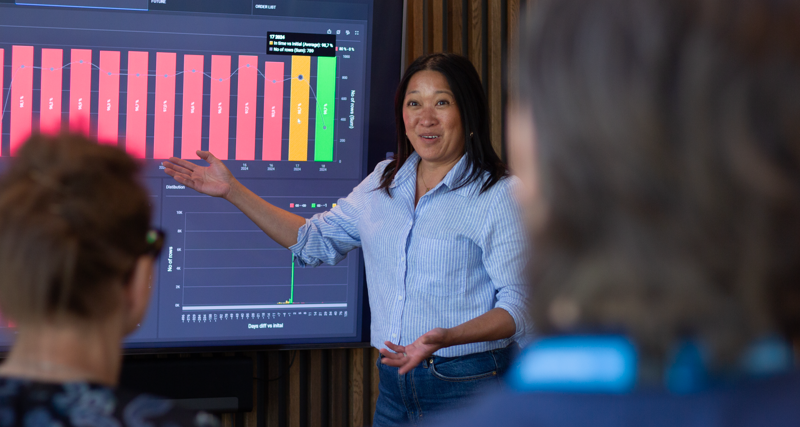 A woman at Monitor ERP giving a presentation to a group of people about Monitor BI (business intelligence)