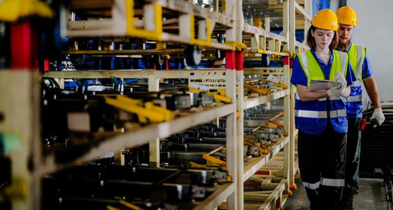 workers checking and inspecting metal machine part items for shipping. male and woman checking the store factory. industry factory warehouse. The warehouse of spare part for machinery and vehicles.